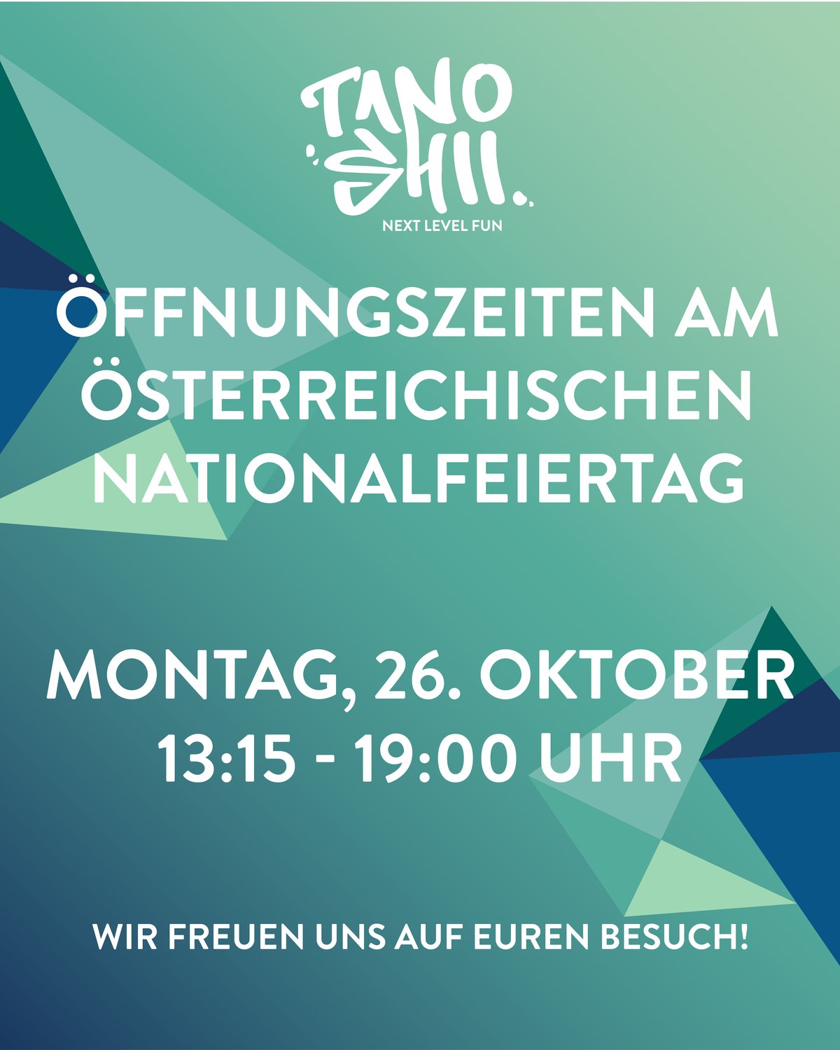 Öffnungszeiten am österreichischen Nationalfeiertag: Montag, 26. Oktober, 13:15 - 19:00 Uhr
